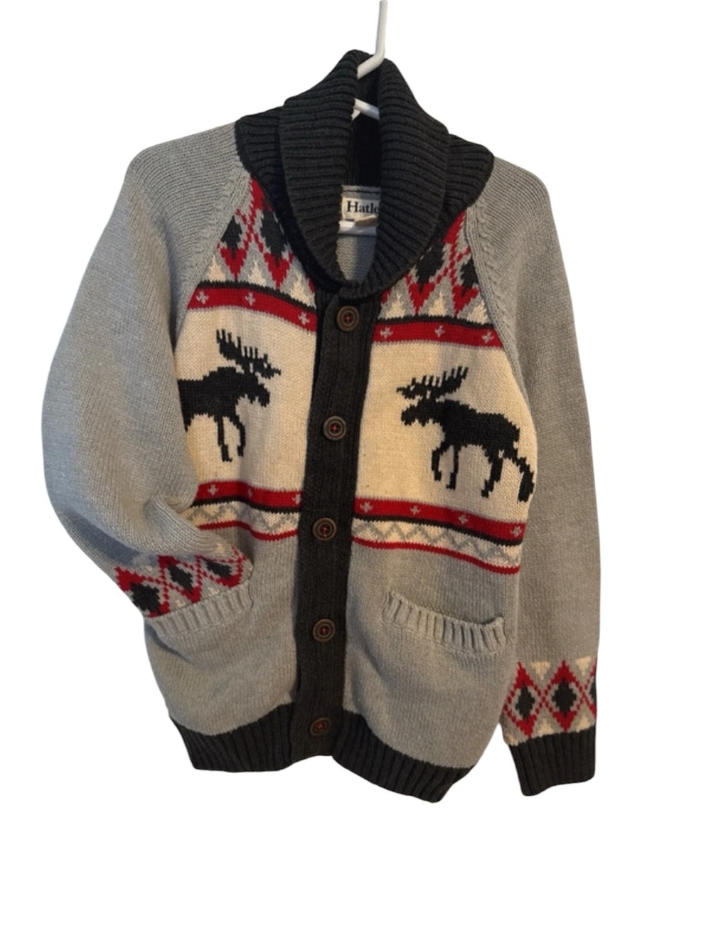 EUC Hatley Kids Shawl Collar Moose Cardigan Jacket - Gray/Black/Red Sz 6